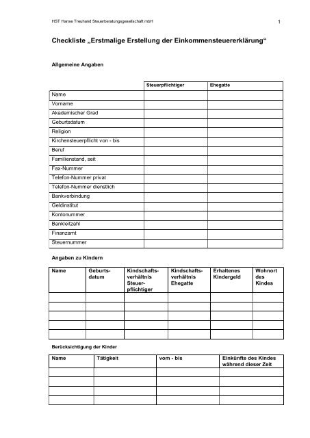 Checkliste „Erstmalige Erstellung der Einkommensteuererklärung“