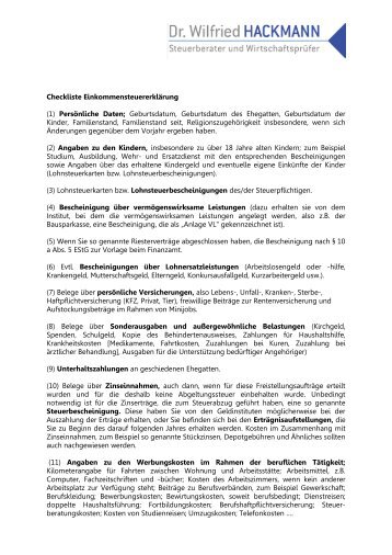 Checkliste Einkommensteuererklärung (1) Persönliche Daten ...