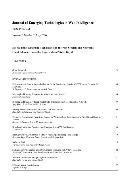 Journal of Emerging Technologies in Web Intelligence Contents