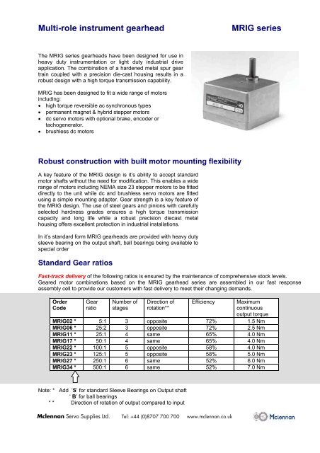 MRIG Series Spur Gearboxes - Mclennan Servo Supplies Ltd.