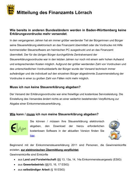 Mitteilung Des Finanzamts Lorrach Finanzamt Lorrach