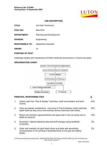 JOB DESCRIPTION TITLE: Car Park Technician POST NO: New ...