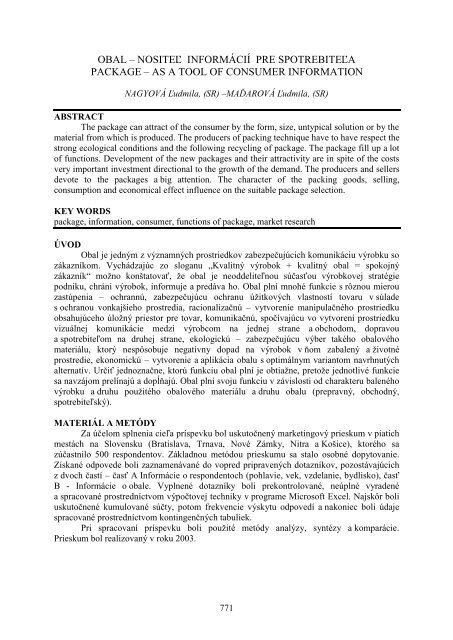 obal – nositeľ informá ciípre spotrebiteľ a package – as a tool of ...