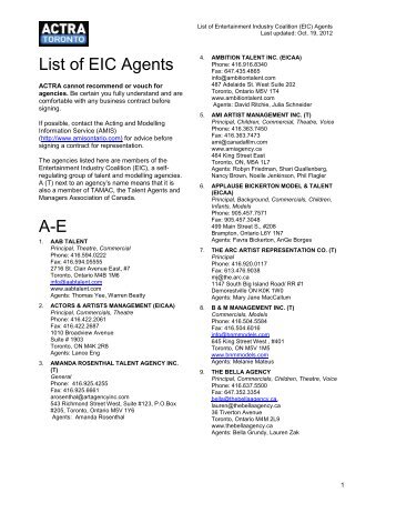 List of EIC Agents - ACTRA Toronto