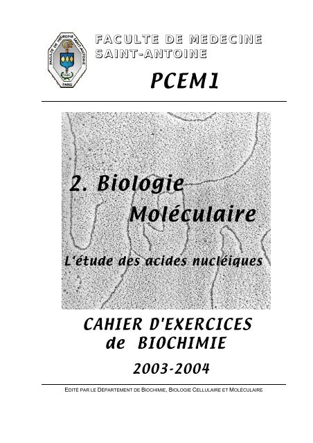 Cahier d'Exercices en Biochimie - FacultÃ© de mÃ©decine Saint-Antoine