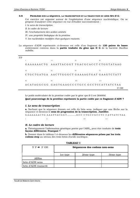 Cahier d'Exercices en Biochimie - FacultÃ© de mÃ©decine Saint-Antoine