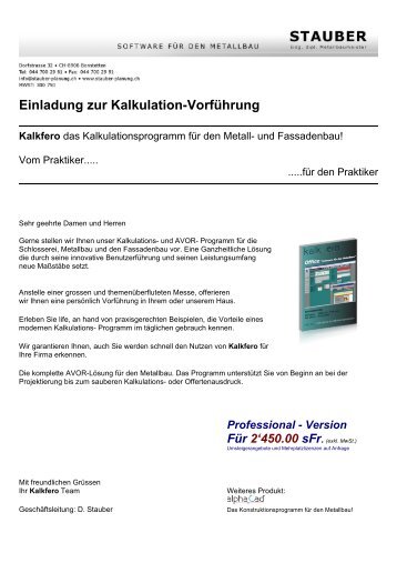 Einladung zur Kalkulation-VorfÃ¼hrung Kalkfero