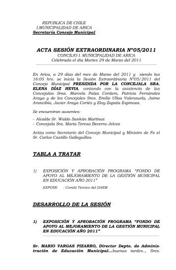 acta sesiÃ³n extraordinaria nÂº05/2011 - Municipalidad de Arica