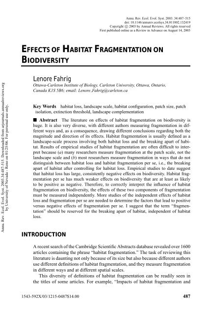 Fahrig, L. 2003. Effects of habitat fragmentation on biodiversity ...