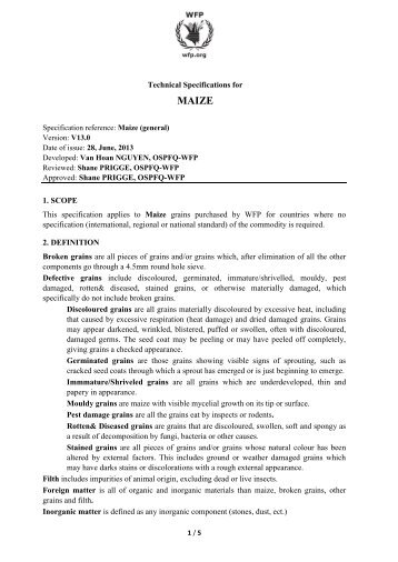 Maize General, Food Specification