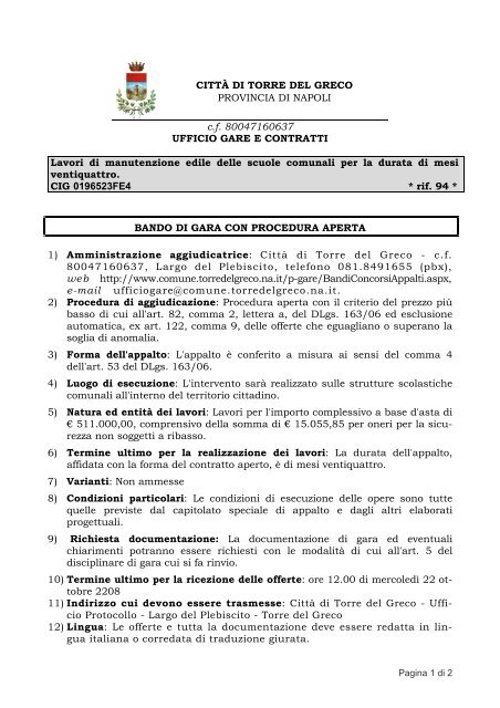 CITTÃ DI TORRE DEL GRECO PROVINCIA DI NAPOLI c.f. ...