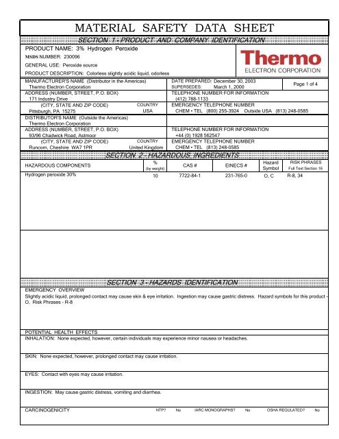 3% Hydrogen Peroxide MSDS NUMBER - Grice Marine Laboratory