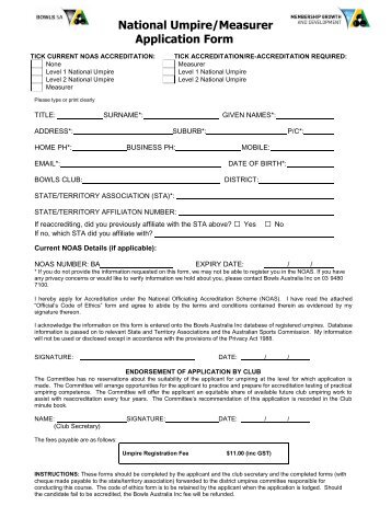 National Umpire/Measurer Application Form - Bowls SA