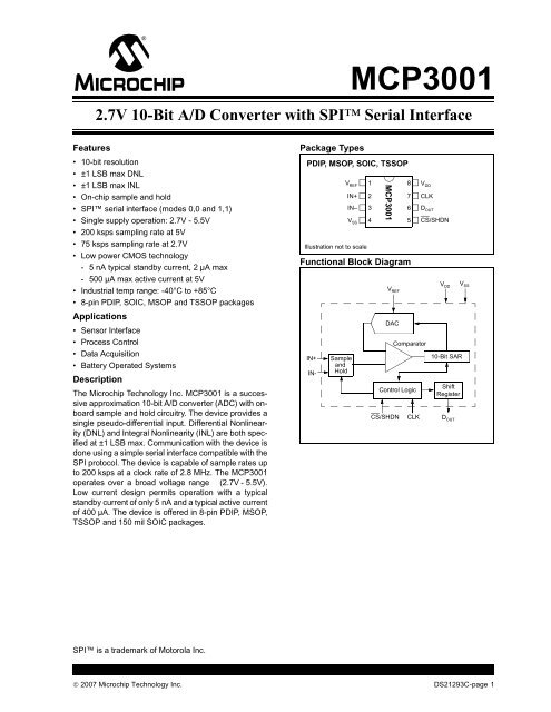 MCP3001 2.7V 10-Bit A/D Converter with SPI Serial ... - Microchip