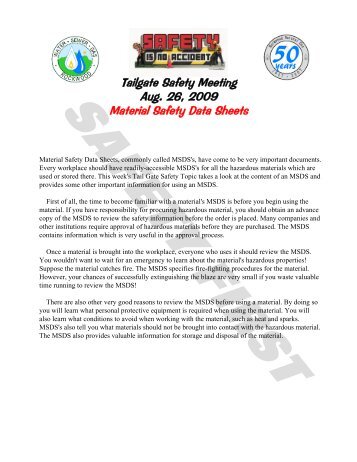 Tailgate Safety Meeting Aug. 26, 2009 Material Safety Data Sheets