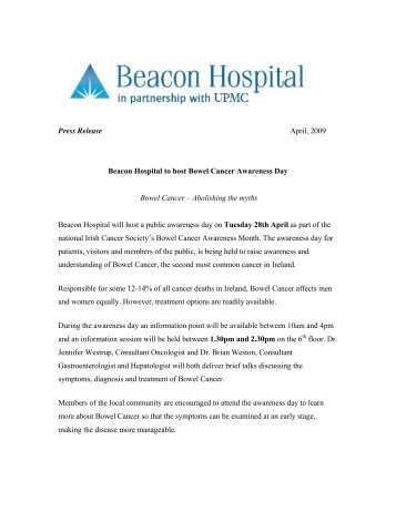 Beacon Hospital to host Bowel Cancer Awareness Day