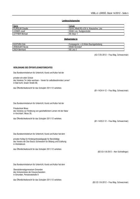 VOBl d. LSRfOÖ, Stück 14/2012 vom 12.7 - Landesschulrat für ...