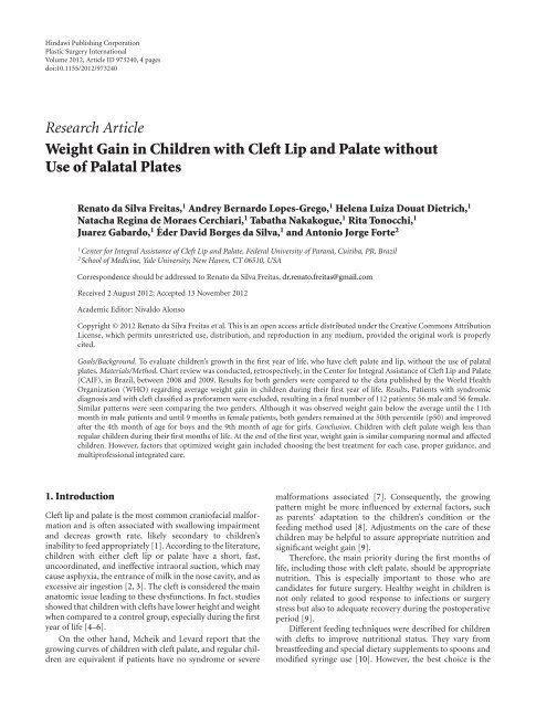 Weight Gain in Children with Cleft Lip and Palate without Use of ...