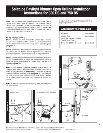Solatube Daylight Dimmer Open Ceiling Installation Instructions for ...