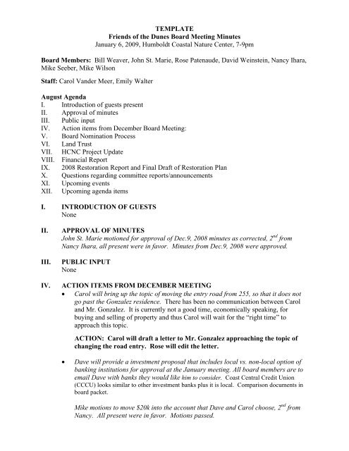 TEMPLATE Friends of the Dunes Board Meeting Minutes January 6 ...