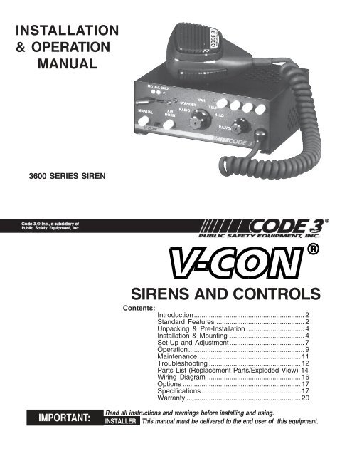 V-Con Siren Installation Guide - Code 3 Public Safety Equipment