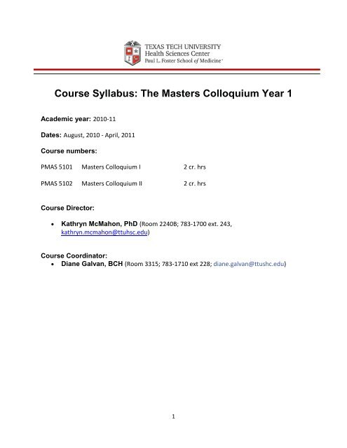 Course Syllabus: The Masters Colloquium Year 1