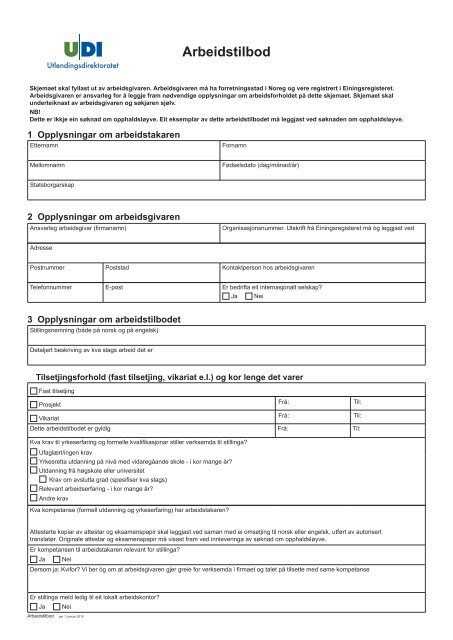 Skjema for arbeidstilbod - UDI