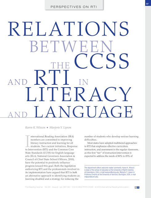 Relations Between the CCSS and RTI in Literacy and Language