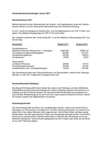 Gemeinderatsverhandlungen Januar 2012 Steuerabschluss 2011 ...