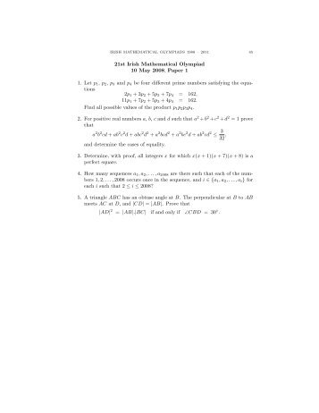 21st Irish Mathematical Olympiad 10 May 2008, Paper 1 1. Let p1 ...