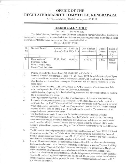 Regulated Market Committee , Kendrapara : Tender Call Notice