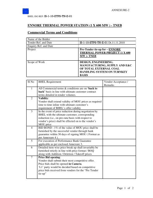 (1 X 600 MW ) - TNEB Commercial Terms and Conditions