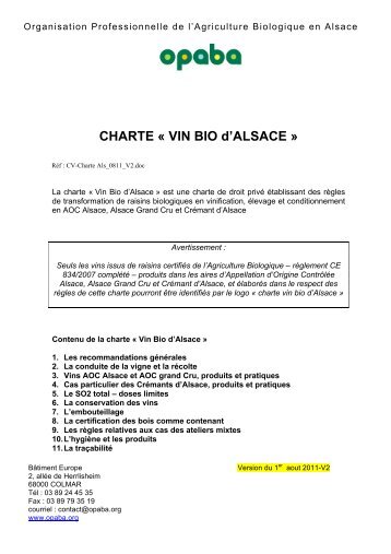 CHARTE « VIN BIO d'ALSACE » - Opaba