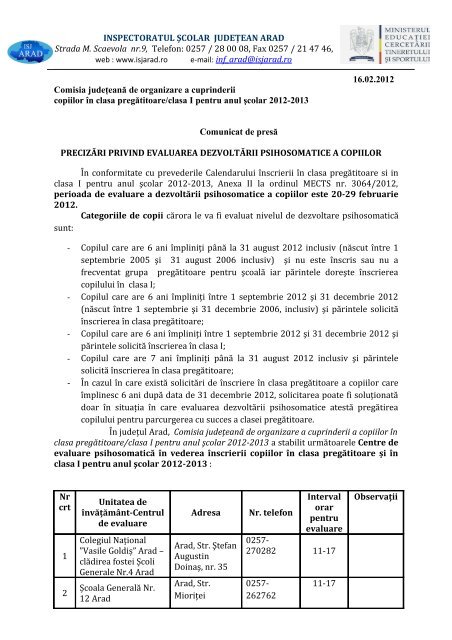 Centre de evaluare psihosomatică pentru Arad - Clasa pregatitoare