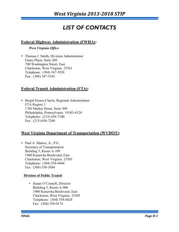 Appendix H - WVDOT Organizational Charts and Lists of Contacts