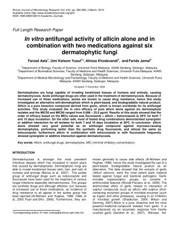In vitro antifungal activity of allicin alone and in combination with two ...