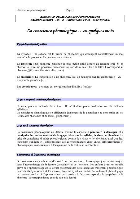 La conscience phonologique â€¦en quelques mots La conscience ...