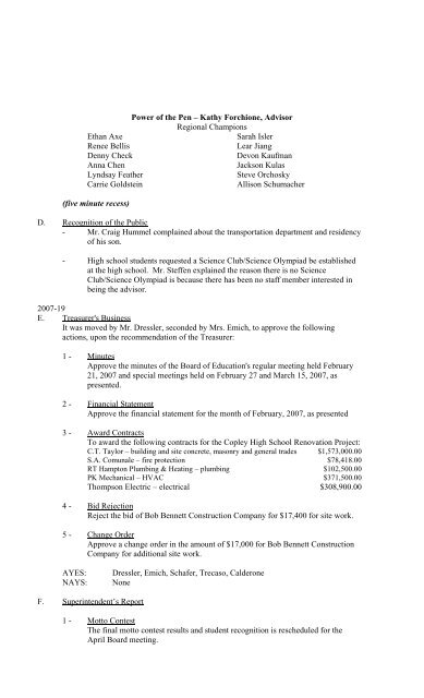 UNOFFICIAL MINUTES OF THE - Copley-Fairlawn City Schools