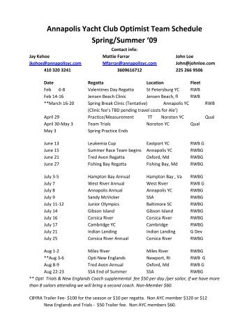 Annapolis Yacht Club Optimist Team Schedule Spring/Summer '09