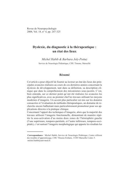 Dyslexie, du diagnostic Ã  la thÃ©rapeutique : un Ã©tat des ... - Resodys