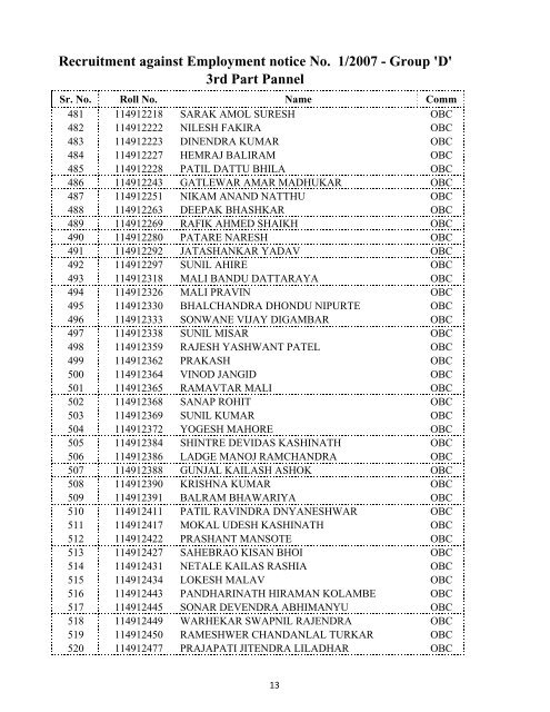 Recruitment against Employment notice No. 1/2007