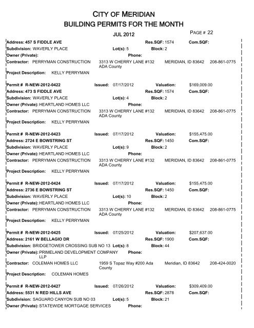 CITY OF MERIDIAN BUILDING PERMITS FOR THE MONTH