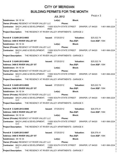 CITY OF MERIDIAN BUILDING PERMITS FOR THE MONTH