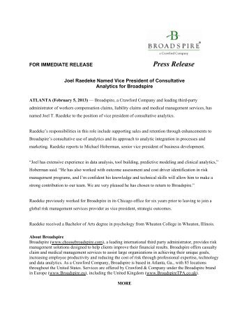 Joel Raedeke Named Vice President of Consultative ... - Broadspire