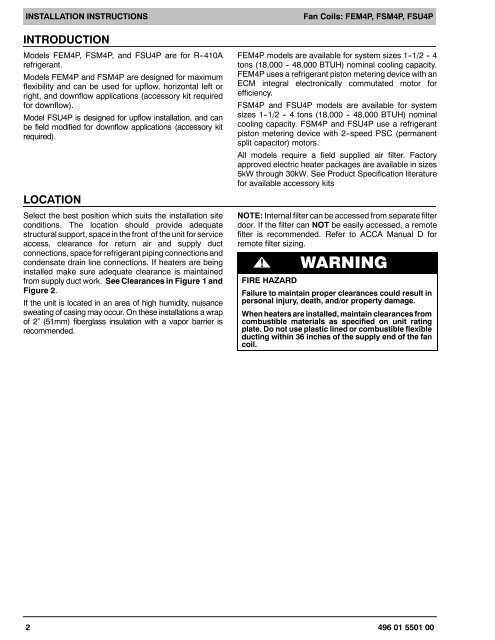 INSTALLATION INSTRUCTIONS Fan Coils FEM4P ... - PROFLO