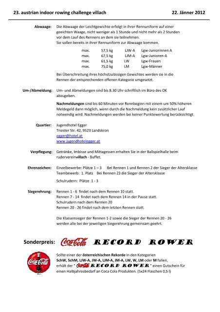 Meldeergebnis der 23. austrian indoor rowing challenge 2012