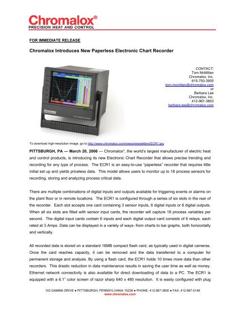 Chromalox Introduces New Paperless Electronic Chart Recorder