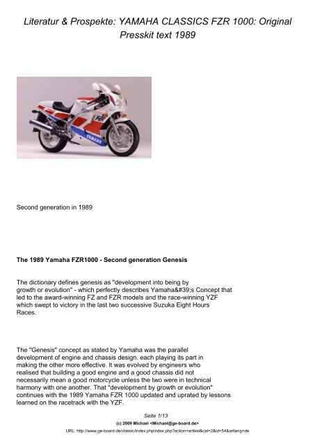 YAMAHA CLASSICS FZR 1000: Original Presskit ... - GENESIS Board