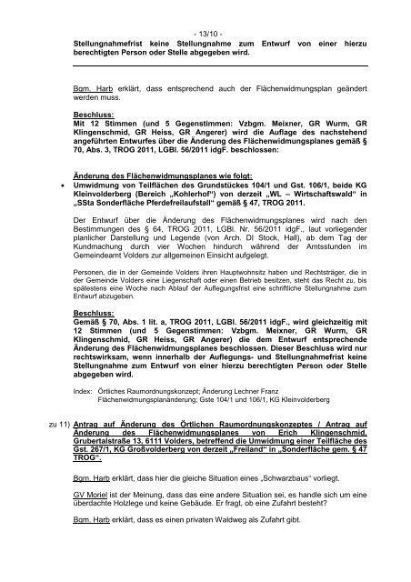 13. GR-Protokoll vom 14.07.2011 - Gemeinde Volders - Land Tirol