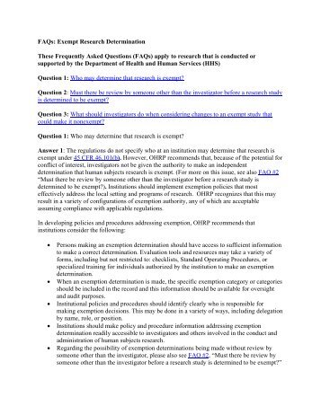 FAQs: Exempt Research Determination â May 12, 2009 - HHS Archive